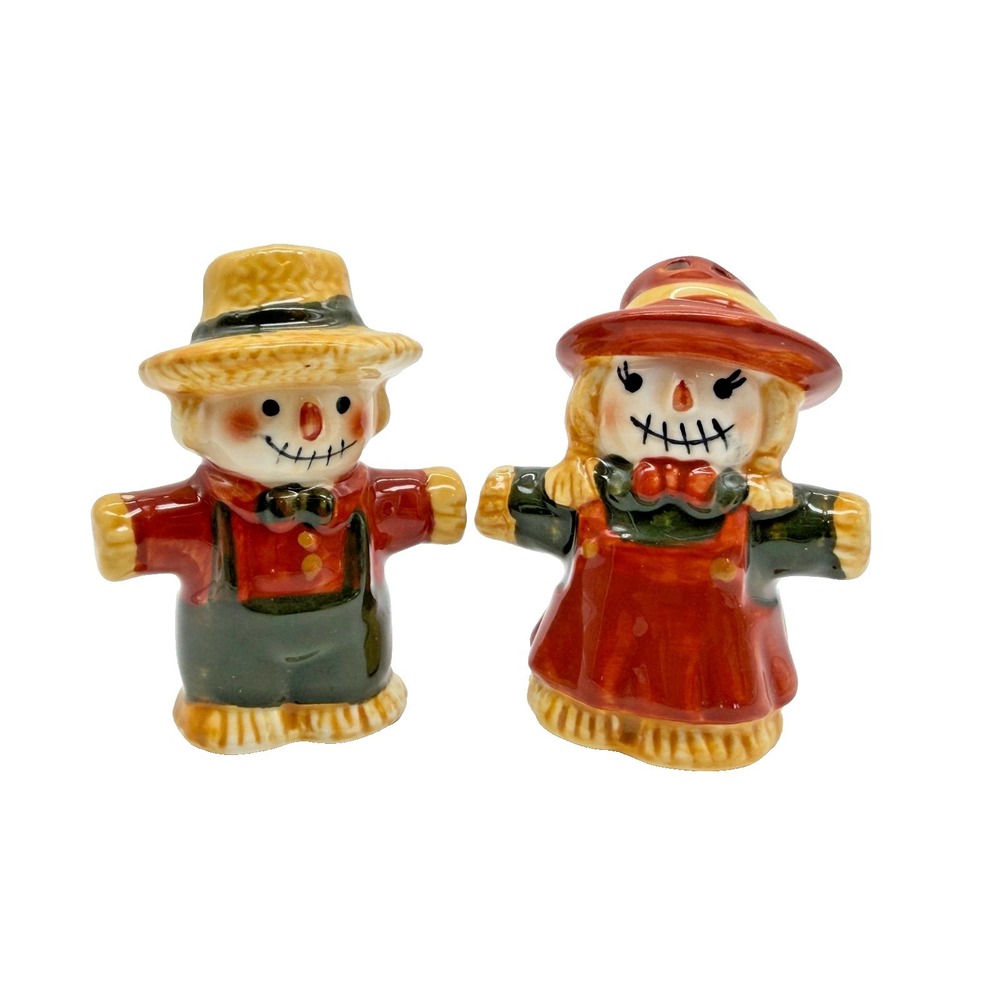 Ceramic Fall Harvest Scarecrow Boy & Girl Salt & Pepper Shakers Autumn Decor